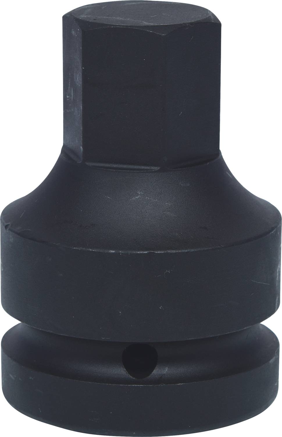 Ein schwarzer Metallschlüsseladapter mit sechseckigem Kopf und rundem Körper. Verwendet zur Verbindung von Werkzeugen unterschiedlicher Größe.