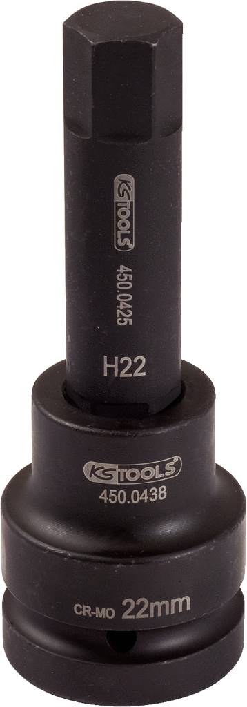 Ein schwarzer Schraubenschlüsselaufsatz von KS Tools, gekennzeichnet mit 'H22' und '22mm'.