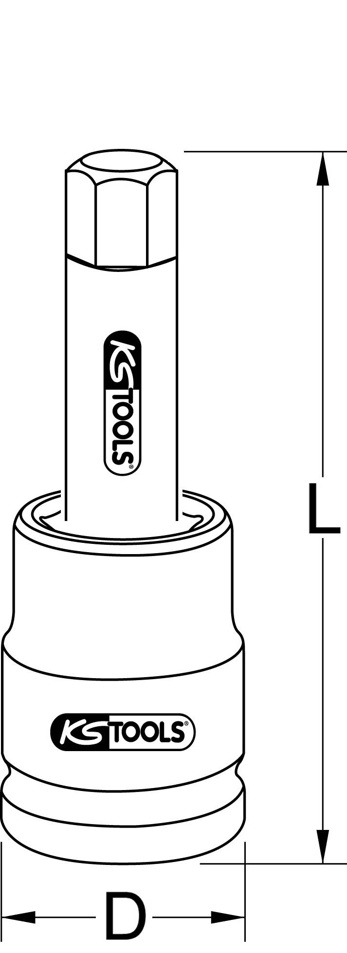 Illustration eines Werkzeugaufsatzes von KS Tools mit sechskantigem Schaft. Angegeben sind die Maße D (Durchmesser) und L (Länge).