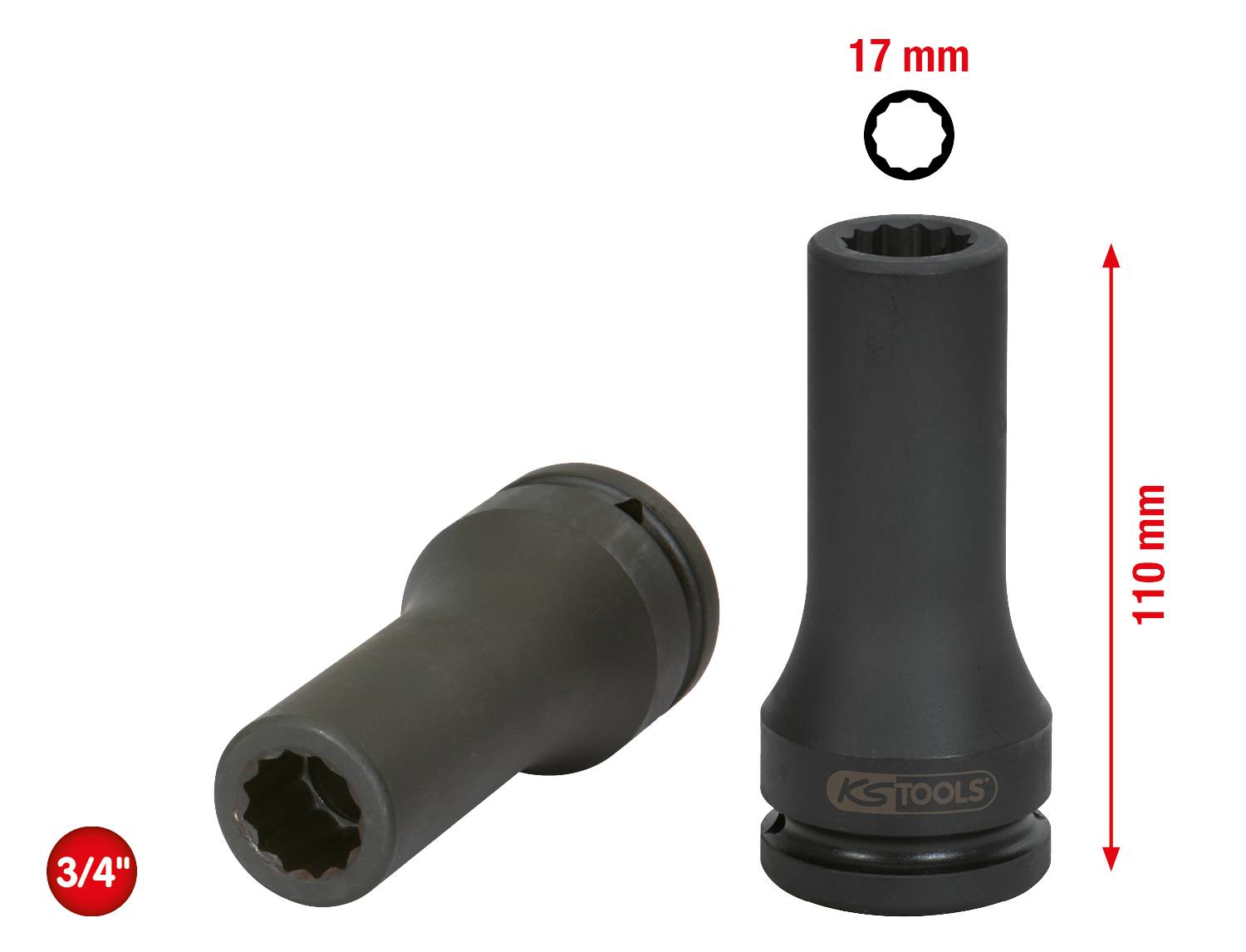 'Satz von zwei langen Steckschlüsseln, 110 mm Länge, 17 mm Durchmesser, mit 3/4