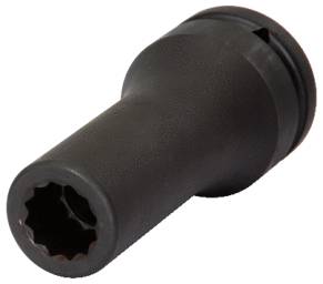Ein schwarzer, zylindrischer Werkzeugaufsatz aus Metall mit geriffeltem Ende, möglicherweise eine Stecknuss oder ein Schraubwerkzeug.