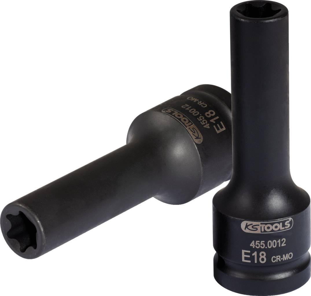 Zwei schwarze Steckschlüsseleinsätze mit der Aufschrift 'KS Tools E18 CR-MO', nebeneinanderstehend und leicht gekippt.