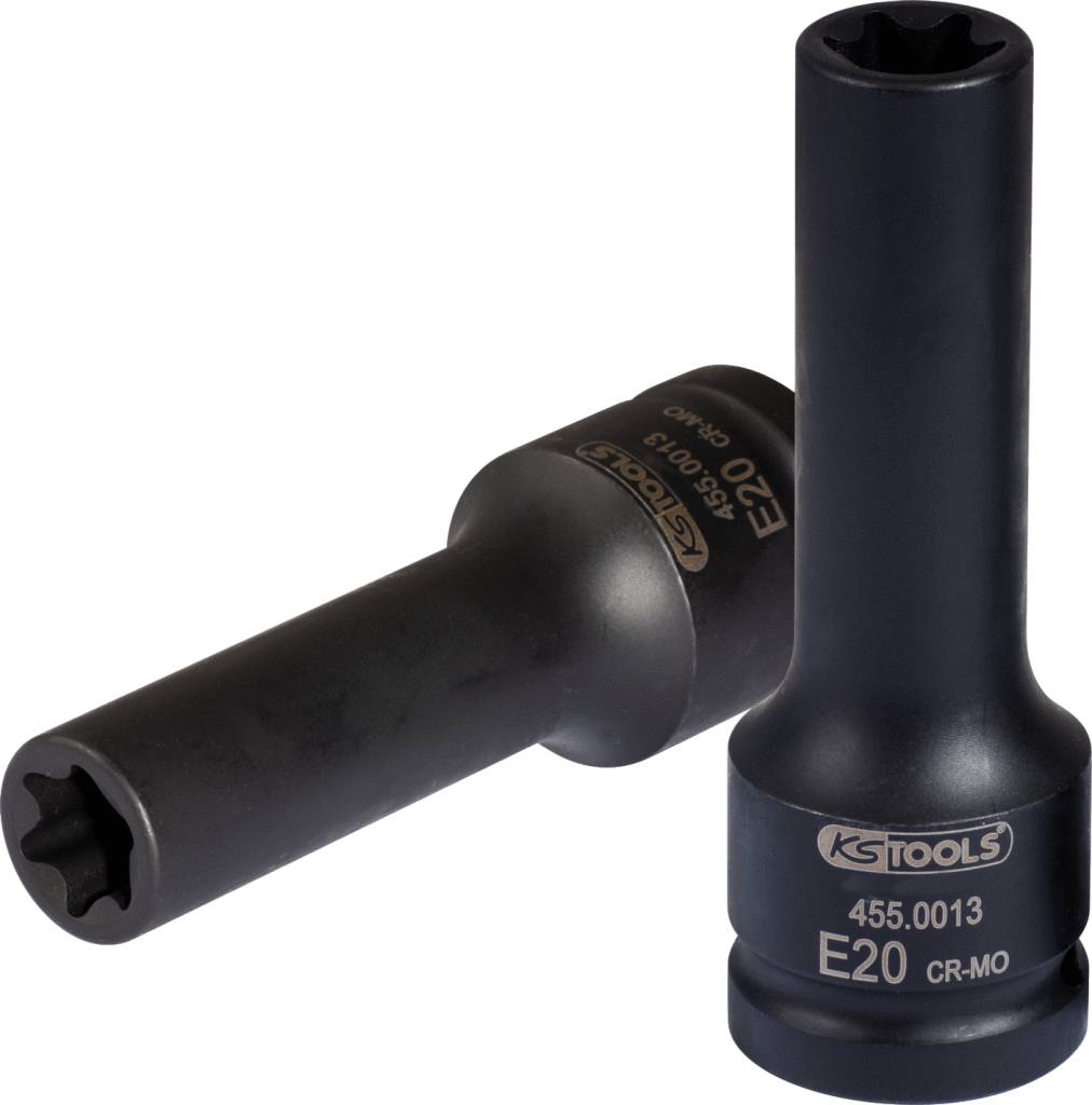 Zwei schwarze Torx-Steckschlüssel, einer liegend und einer stehend, mit der Aufschrift 'E20' und 'CR-MO' für mechanische Anwendungen.