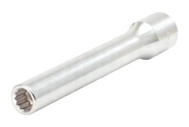 Ein silberfarbener Steckschlüssel mit sechseckiger Öffnung, für die Verwendung mit Schraubenschlüsseln oder Ratschen.