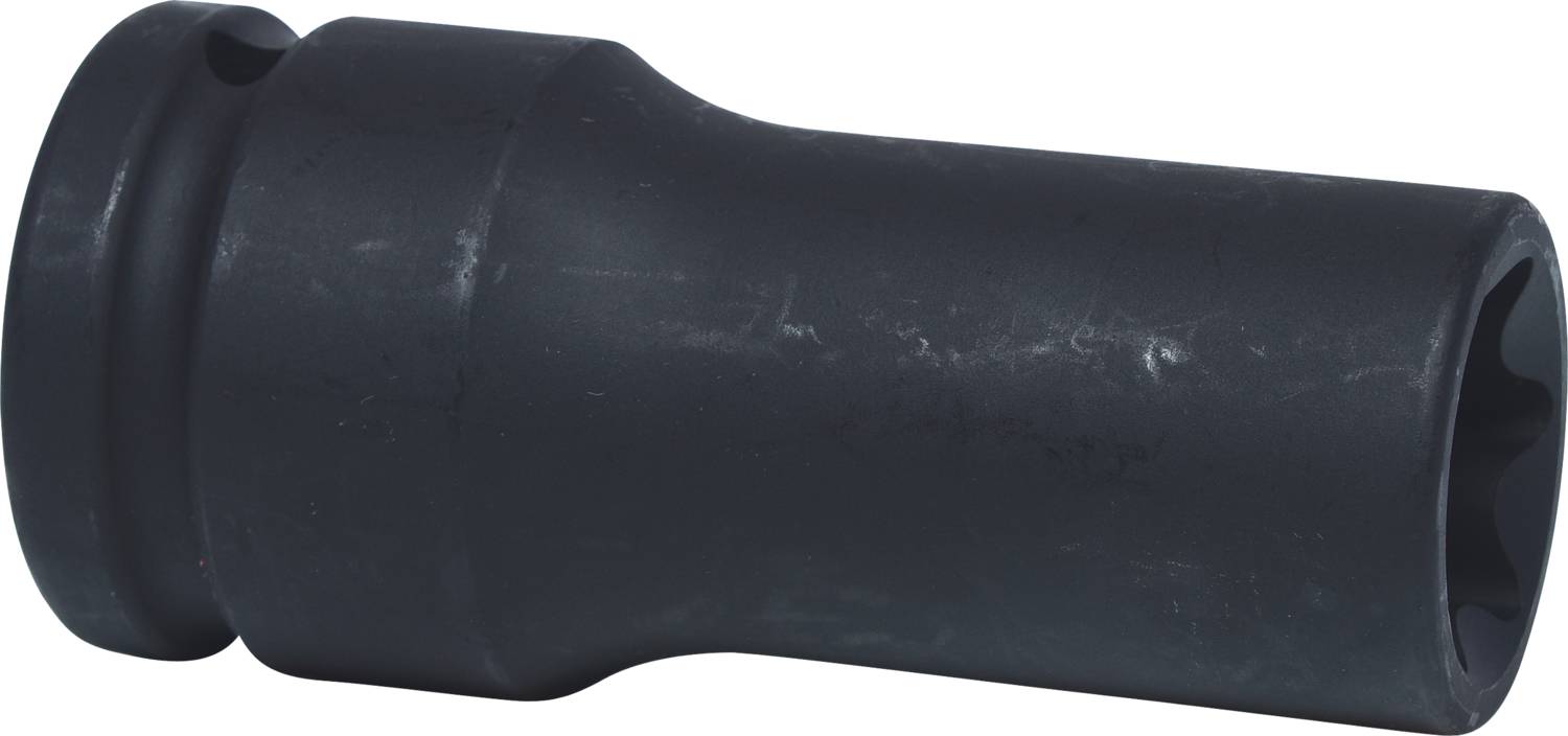 Eine schwarze Stecknuss, zylindrische Form, mit glattem Außenflächenfinish, wahrscheinlich aus Metall, verwendet für Schraubarbeiten.