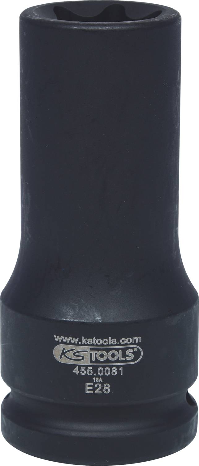Schwarze Sechskant-Stecknuss der Marke KS Tools, Modellnummer 455.0081, Größe E28, geeignet für mechanische Arbeiten.