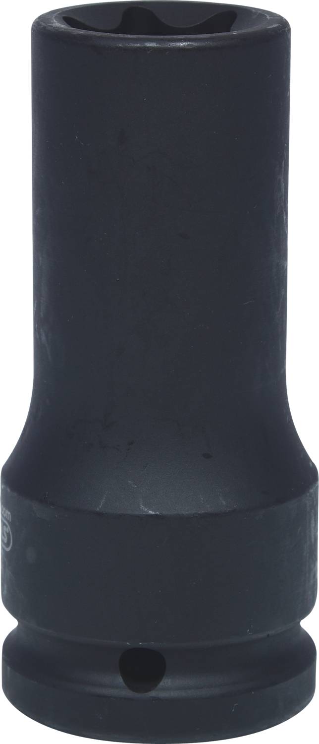 Eine schwarze Stecknuss, wahrscheinlich ein Werkzeugaufsatz, mit einer Öffnung hinten und einer sechseckigen Fassung vorne.