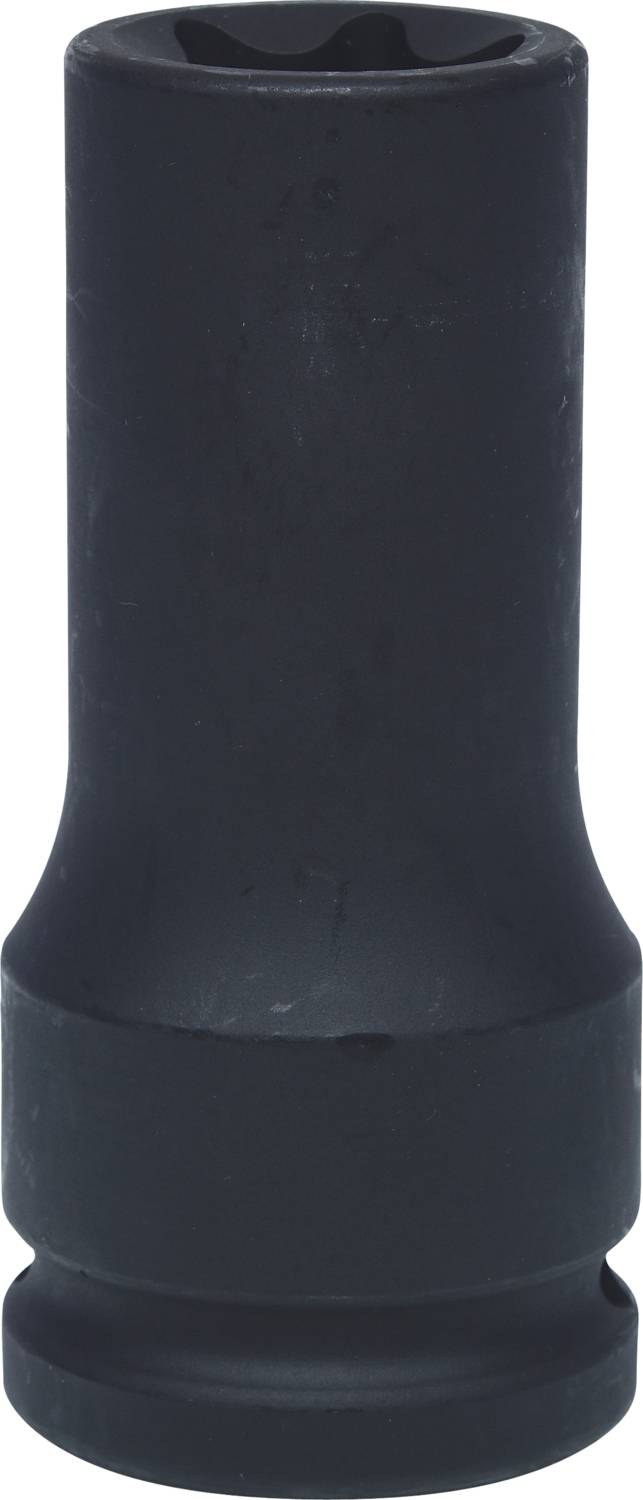 Schwarze Stecknuss aus Metall, zylindrische Form, wird zur Befestigung und Löse von Schrauben mit einem Steckschlüssel verwendet.