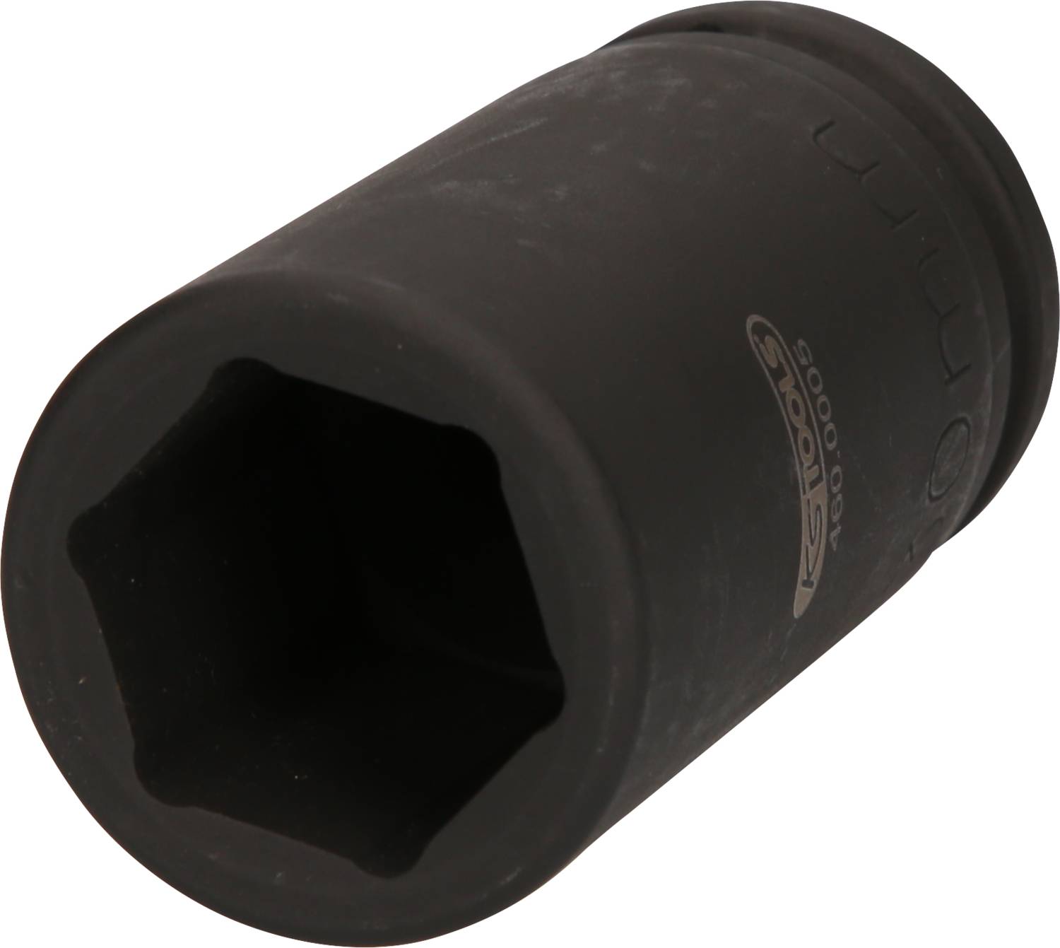 Schwarze, sechskantige Stecknuss aus Metall, ohne sichtbare Details oder Markierungen, geeignet für Arbeiten mit einem Steckschlüsselsatz.