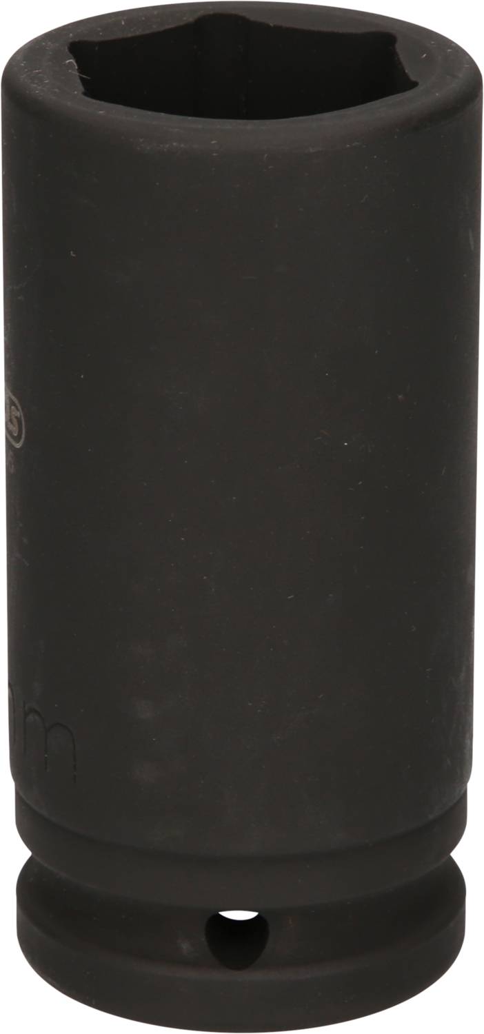 Eine schwarze Stecknuss aus Metall, zylindrisch geformt, mit quadratischer Öffnung oben und kleiner perforierter Basis unten.