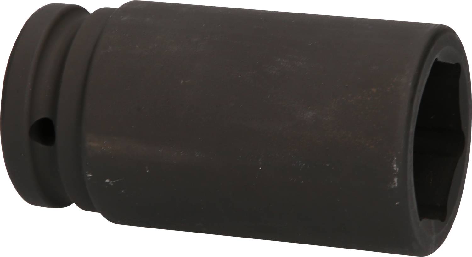 Eine schwarze, zylindrische Stecknuss mit sechskantiger Öffnung. Gedacht für den Einsatz mit Drehmomentwerkzeugen.