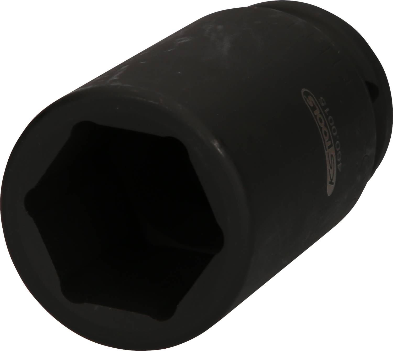 Ein schwarzer Steckschlüssel mit sechseckiger Öffnung, geeignet zum Festziehen oder Lösen von Schrauben und Muttern, Seitenansicht.