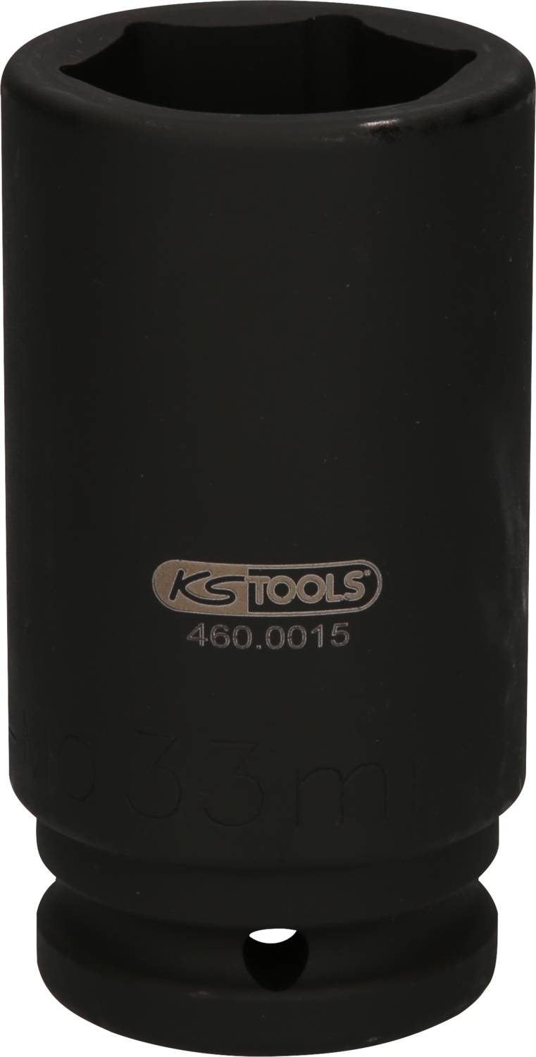 Eine schwarze Sechskant-Stecknuss von KS Tools, Modellnummer 460.0015, mit einem Durchmesser von 33 mm, geeignet für Hand- und Schlagschrauber.