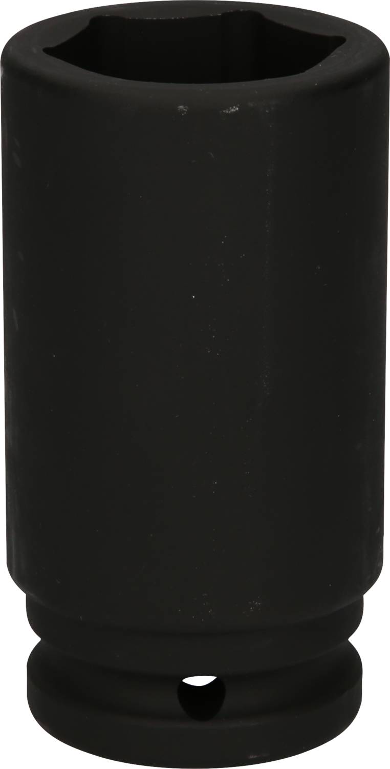 Eine schwarze Schraubenschlüssel-Nuss, zylindrisch, vermutlich für mechanische Arbeiten geeignet.