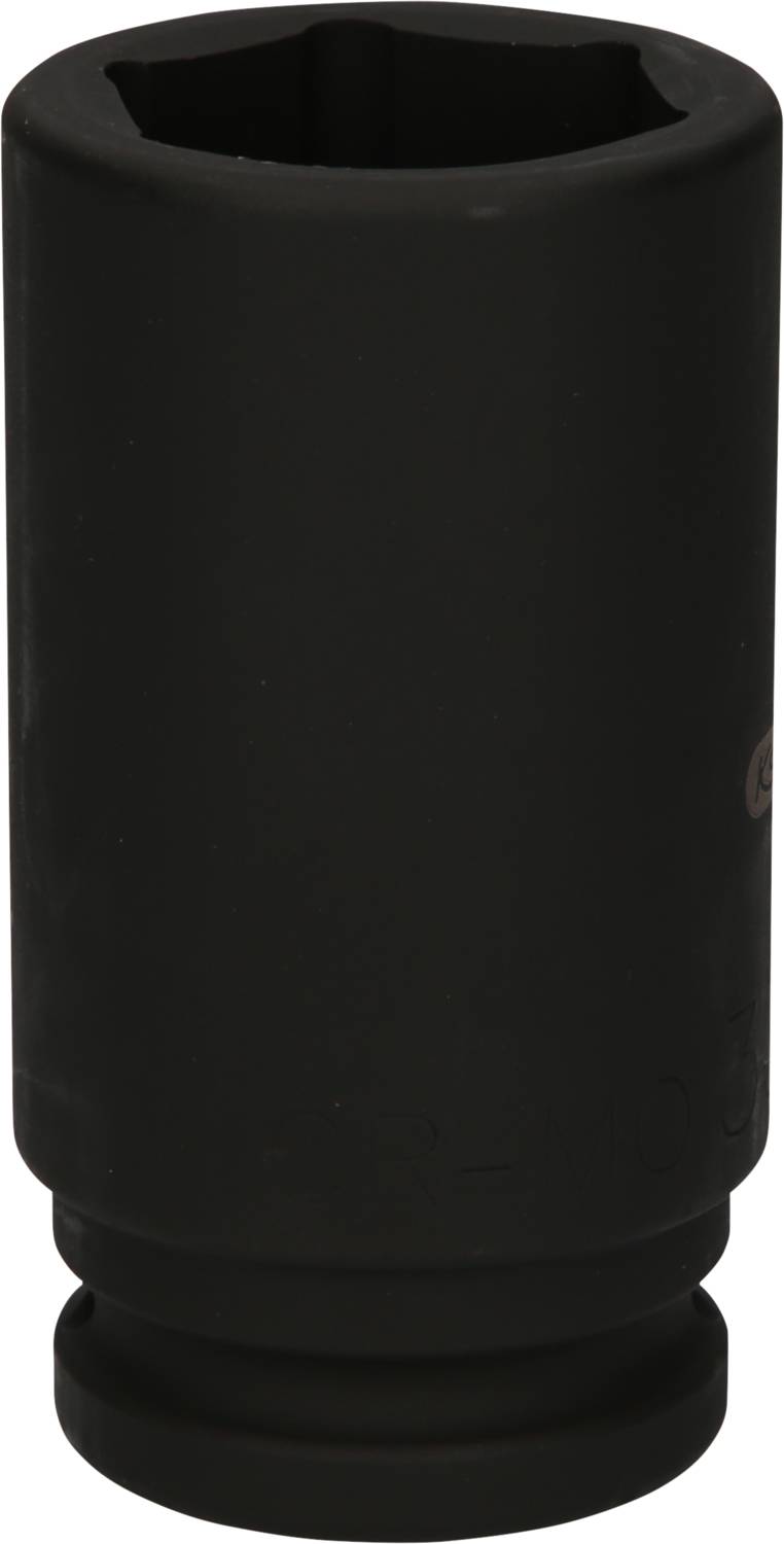 Ein schwarzer, zylindrischer Steckschlüsseleinsatz, wahrscheinlich zum Lösen von Schrauben oder Muttern an Kraftfahrzeugen verwendet.