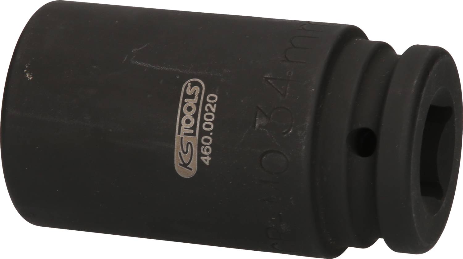 Eine schwarze Stecknuss mit sechseckiger Öffnung, gefertigt aus robustem Metall, mit der Aufschrift 'KS Tools 460.0020'.