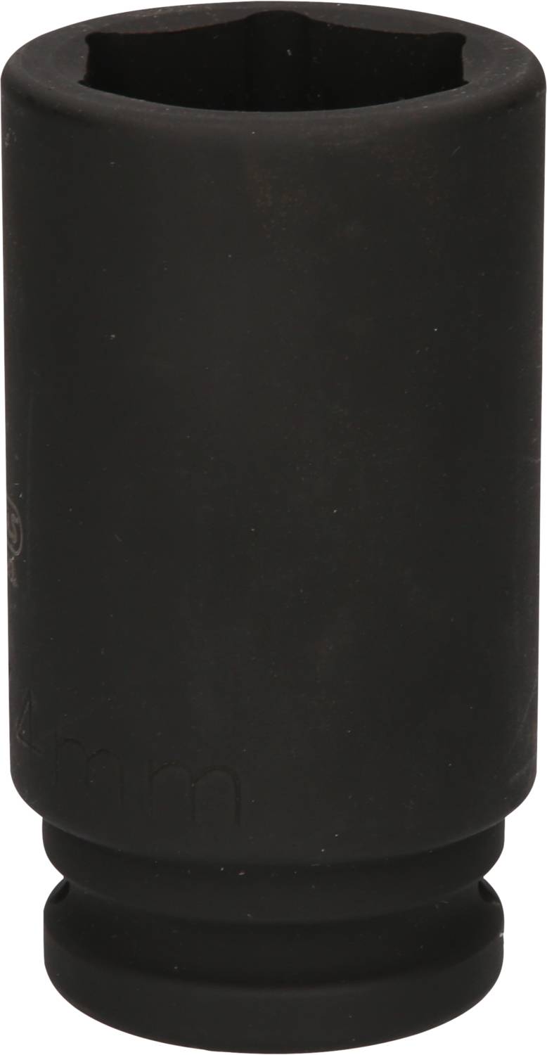 Ein schwarzer Steckschlüssel aus Metall, zylindrische Form, offene Sechskantöffnung oben, geeignet für schwere Schraubarbeiten.