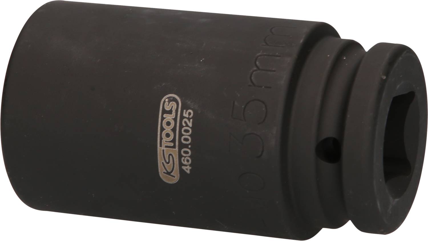 Eine schwarze Stecknuss von KS Tools mit der Aufschrift '460.0025' und einer Größe von 35 mm, größtenteils aus Metall gefertigt.