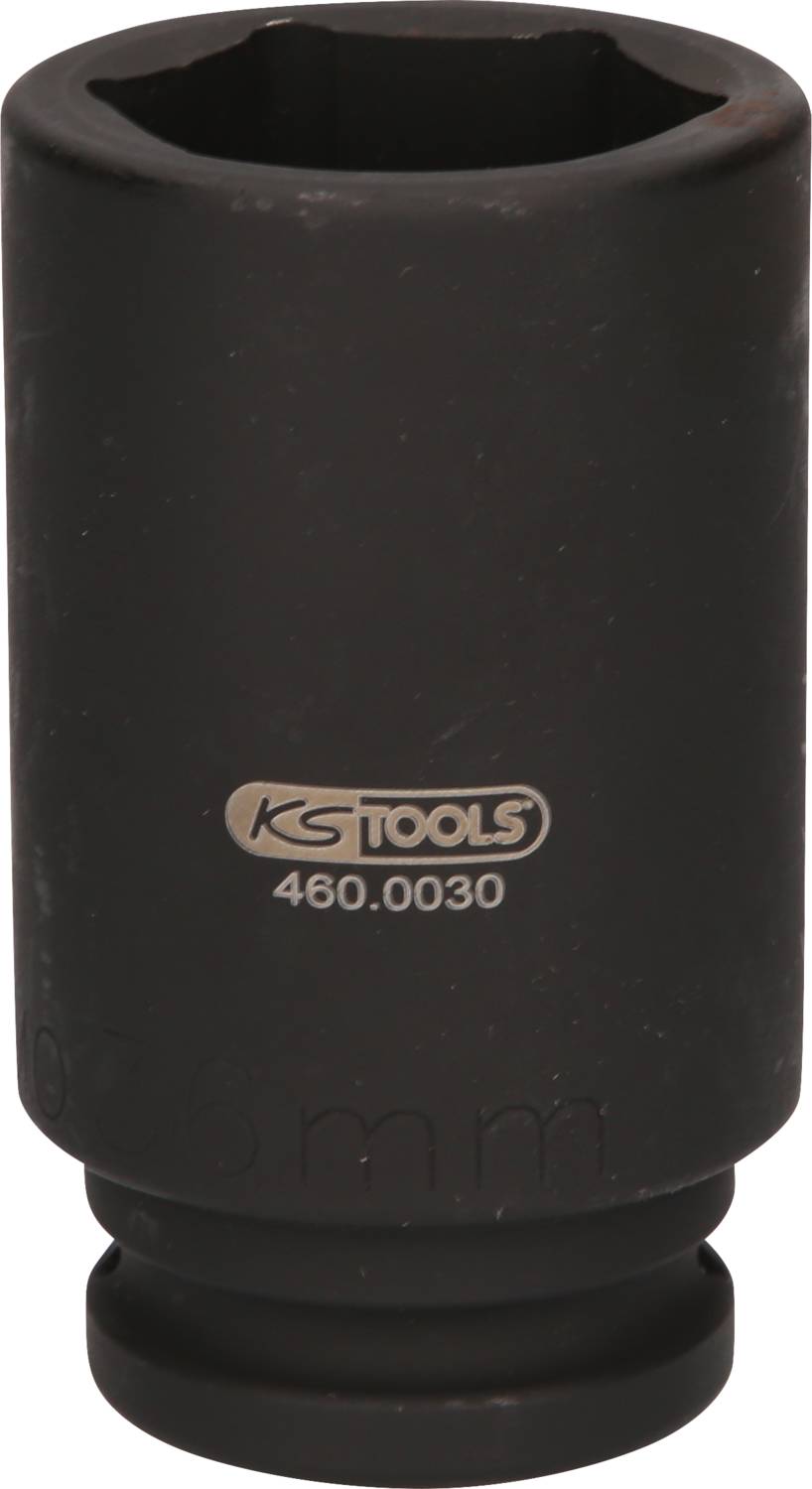 Eine schwarze Stecknuss mit der Aufschrift 'KS TOOLS 460.0030' auf der Vorderseite, verwendet für Hand- und Elektrowerkzeuge.