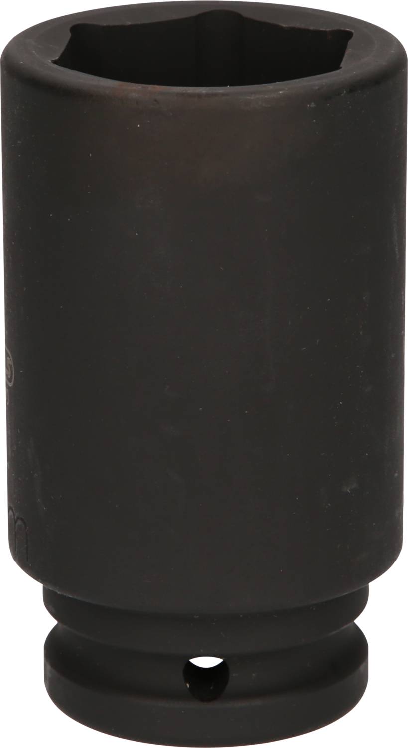 Eine schwarze Stecknuss mit sechs Kanten für Schraubarbeiten, zylindrische Form mit einer Aussparung am unteren Ende.