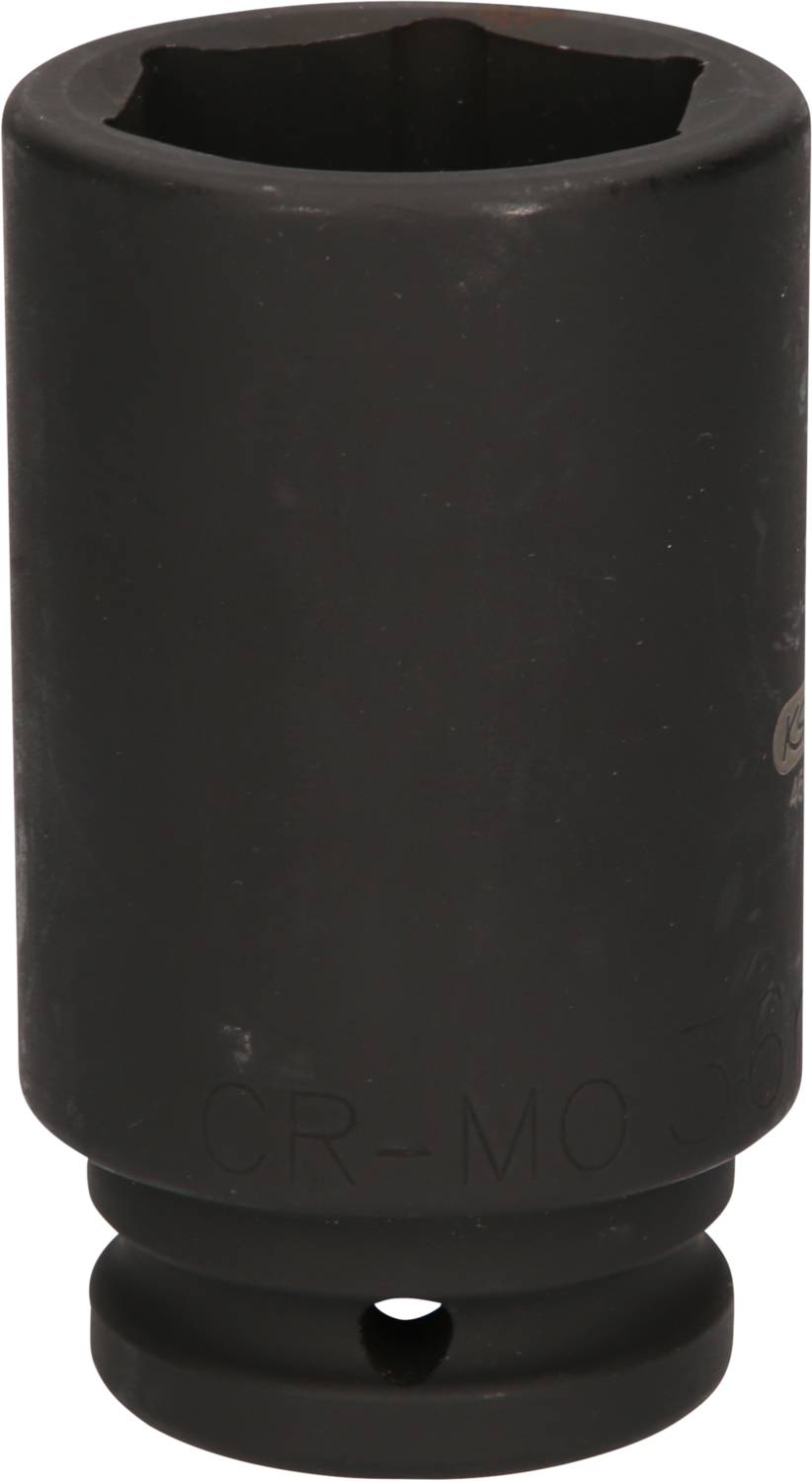 Eine schwarze Stecknuss, zylindrisch, mit sechseckiger Öffnung, aus robustem Material gefertigt, zur Verwendung mit Schraubschlüsseln.