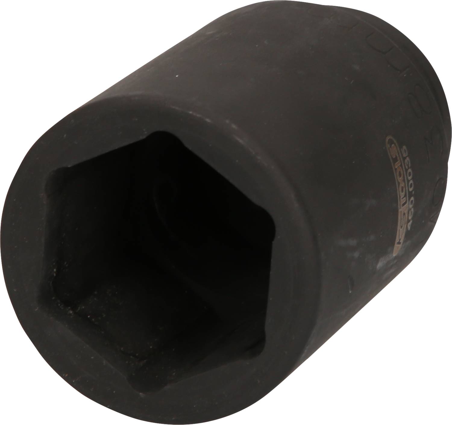 Schwarze Sechskant-Stecknuss aus Metall, zylinderförmig. Verwendet für mechanische Arbeiten und passt auf Schrauben oder Muttern.