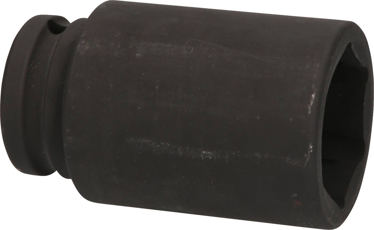 Schwarzer Steckschlüsselaufsatz aus Metall, zylindrisch mit quadratischer Öffnung, verwendet zur Befestigung in mechanischen Arbeiten.