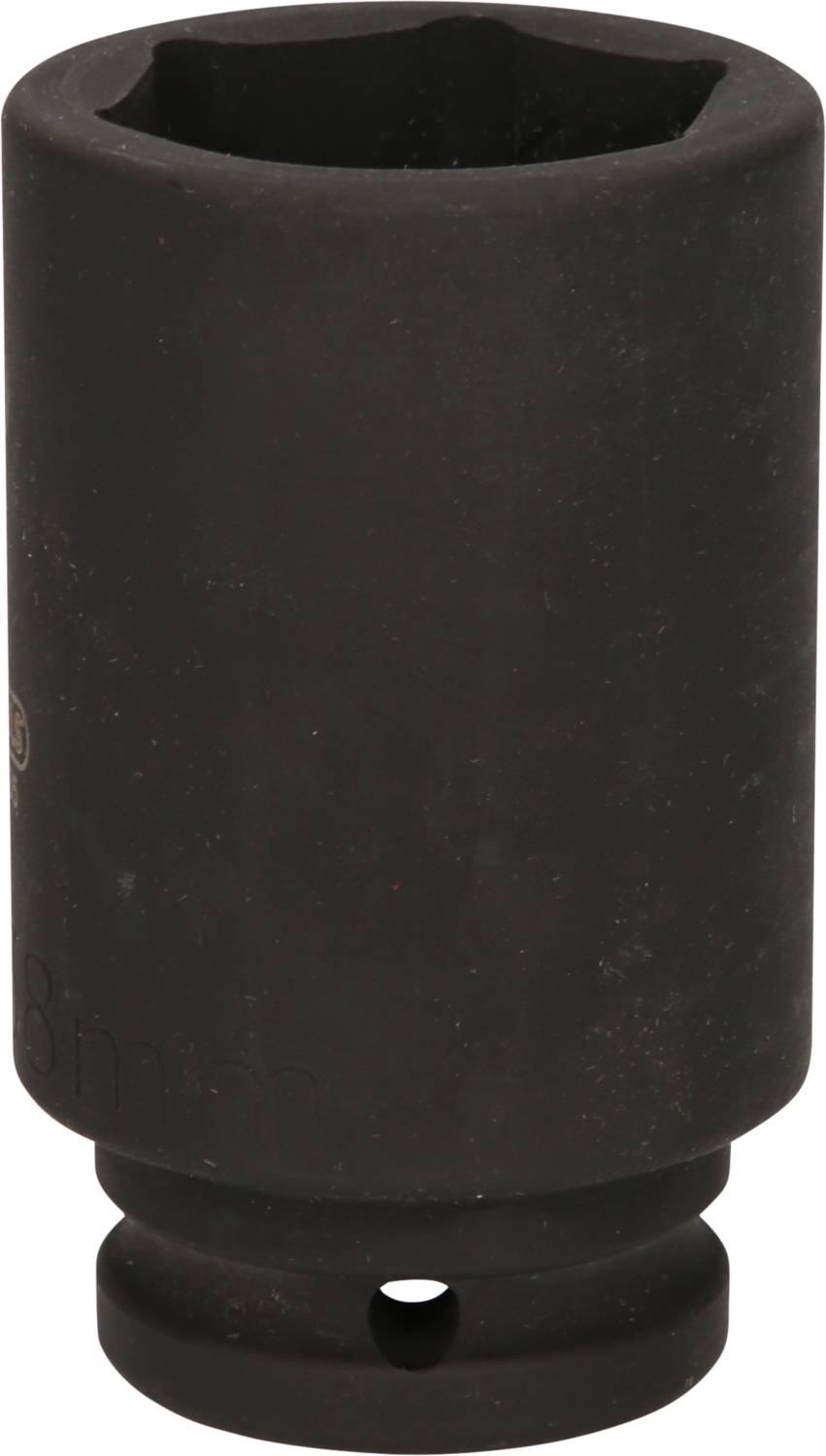Ein schwarzer Steckschlüsselaufsatz mit rundem Sechskant und einer Größe von 18 mm.