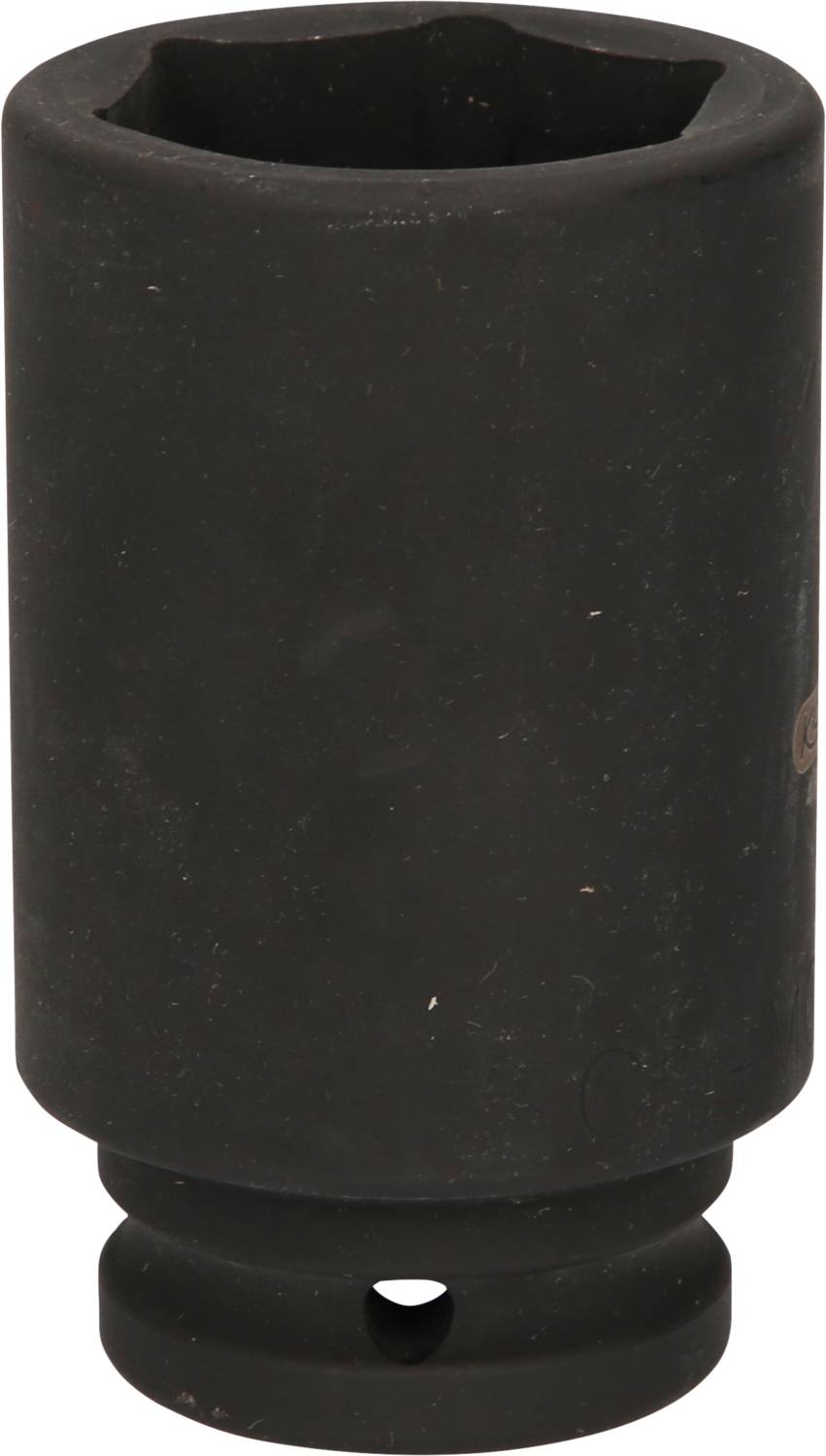 Ein schwarzer Steckschlüssel-Aufsatz aus Metall, zylinderförmig mit sechseckiger Öffnung, steht aufrecht. Hauptsächlich für Schrauben.