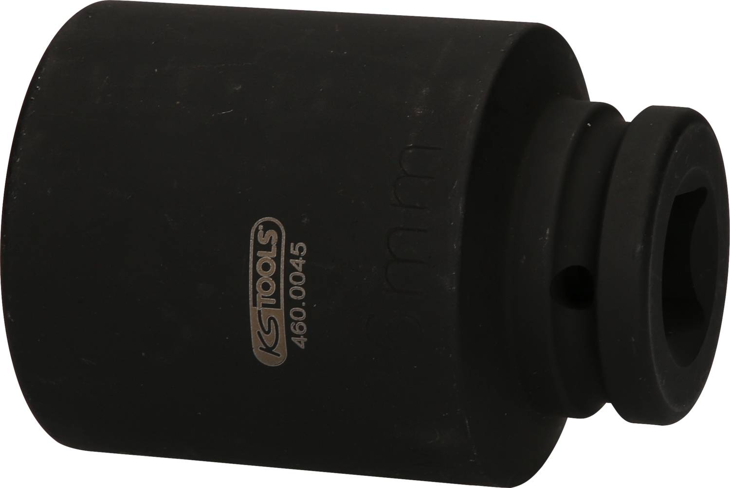 Schwarze Schlag-Stecknuss mit 46 mm Größe und Sechskant-Antrieb, geeignet für den Einsatz mit Schlagschraubern von KS Tools.