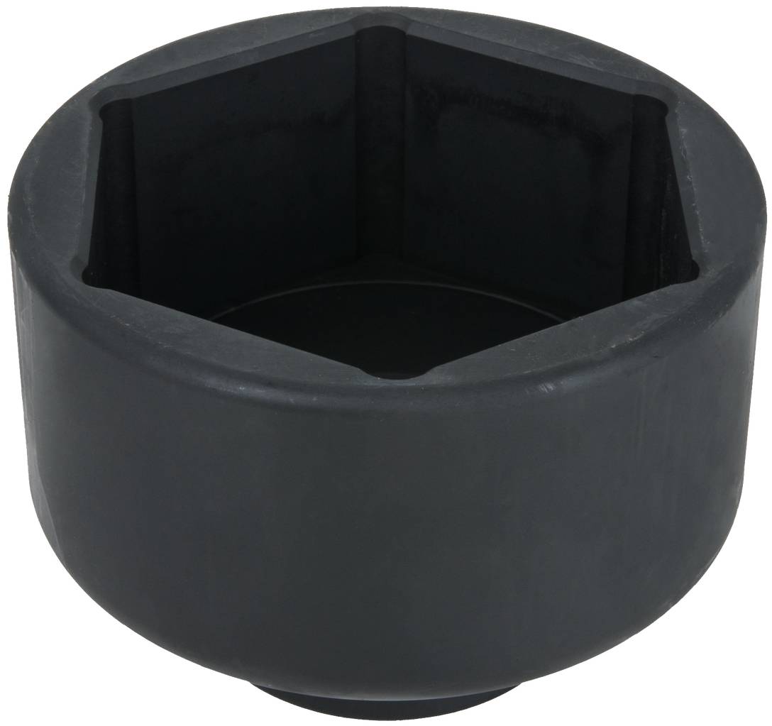 Eine große schwarze Sechskantstecknuss aus Metall, verwendet für mechanische Arbeiten an größeren Muttern oder Bolzen.