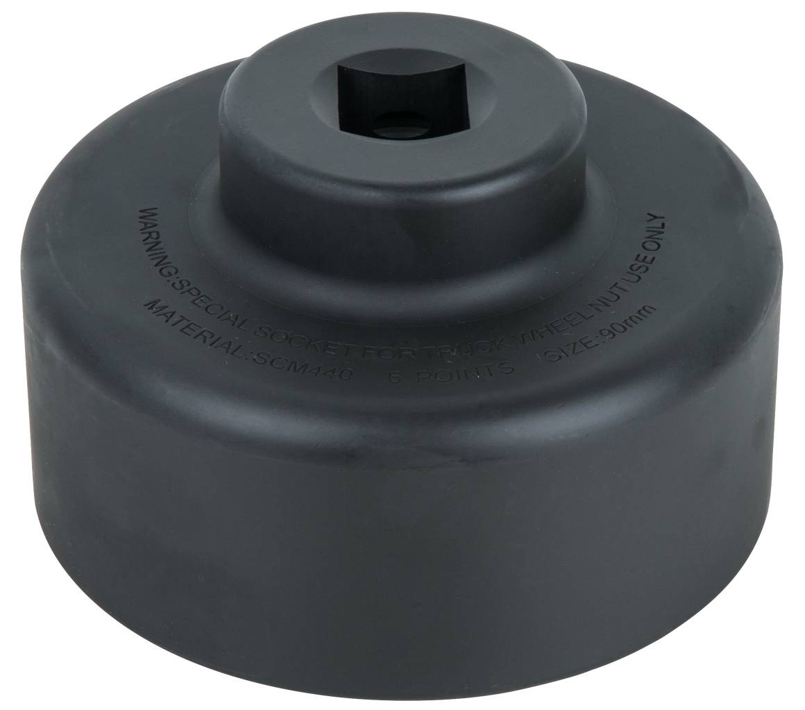 Ein schwarzer metallischer Steckschlüsselaufsatz, 90 mm groß, für Spezialanwendungen. Enthält Warnhinweise und Materialangaben.