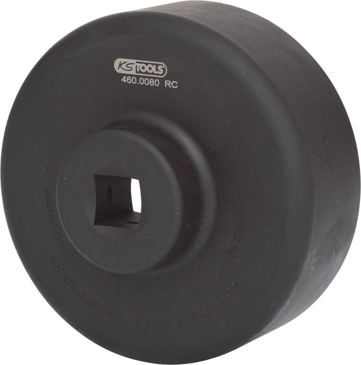 Ein runder, schwarzer Adapter von KS Tools mit einem quadratischen Loch in der Mitte. Modellnummer oben aufgedruckt.