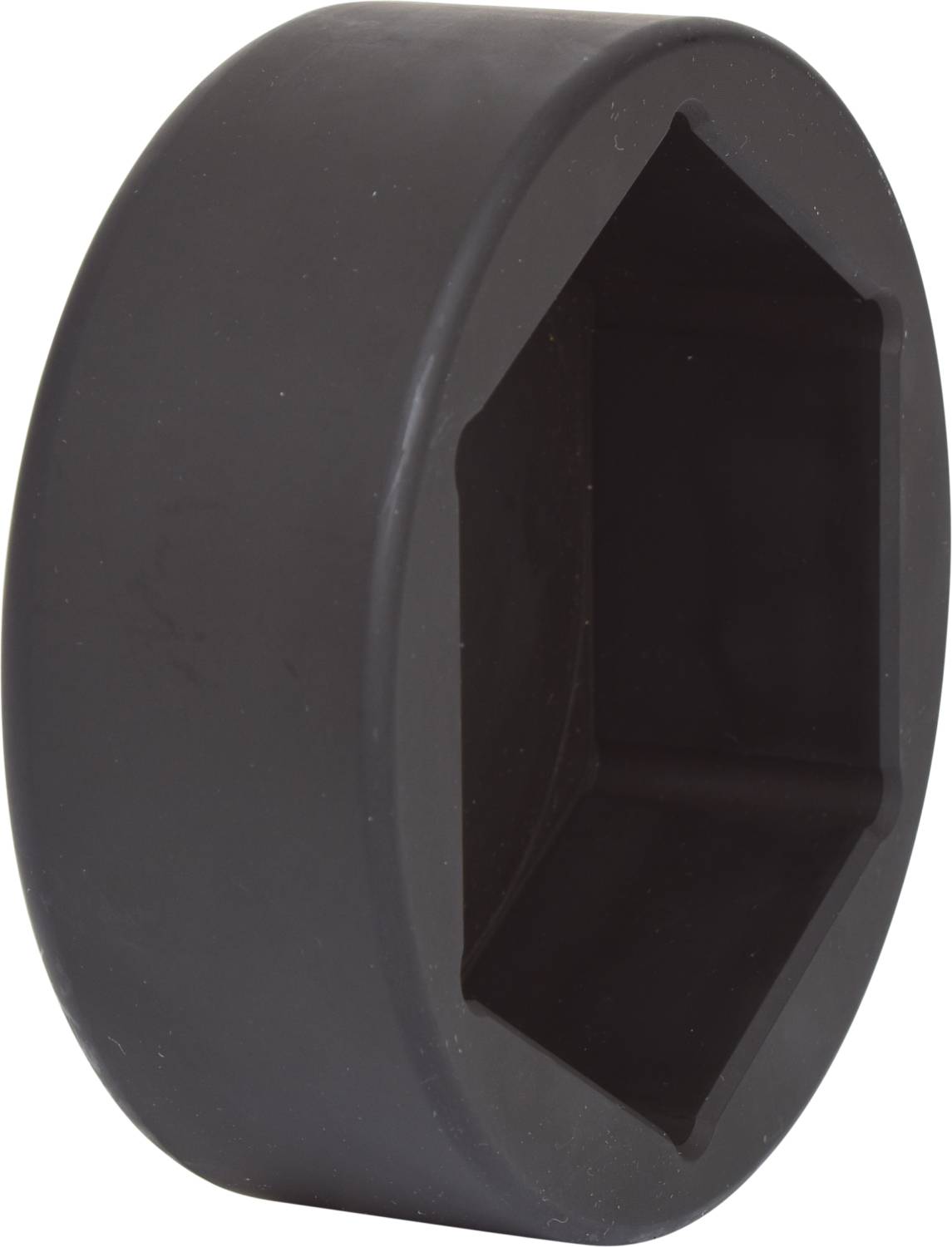 Sechskant-Druckstück, zylindrisch, aus schwarzem Metall; verwendet zur Aufnahme von Muttern oder Schraubenköpfen.