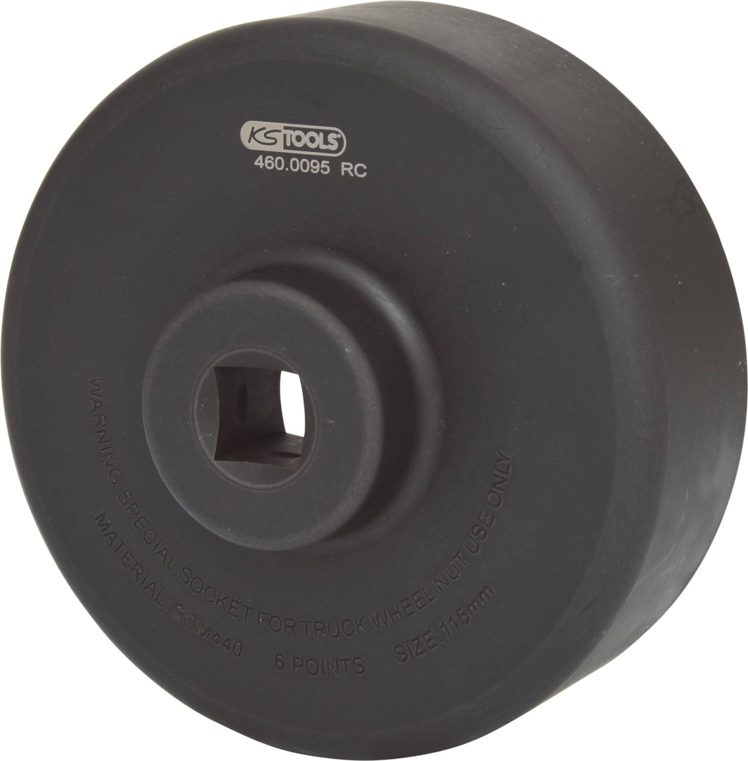 Abbildung eines runden, schwarzen Steckschlüssels von KS Tools, 115mm Größe, speziell für LKW-Muttern.