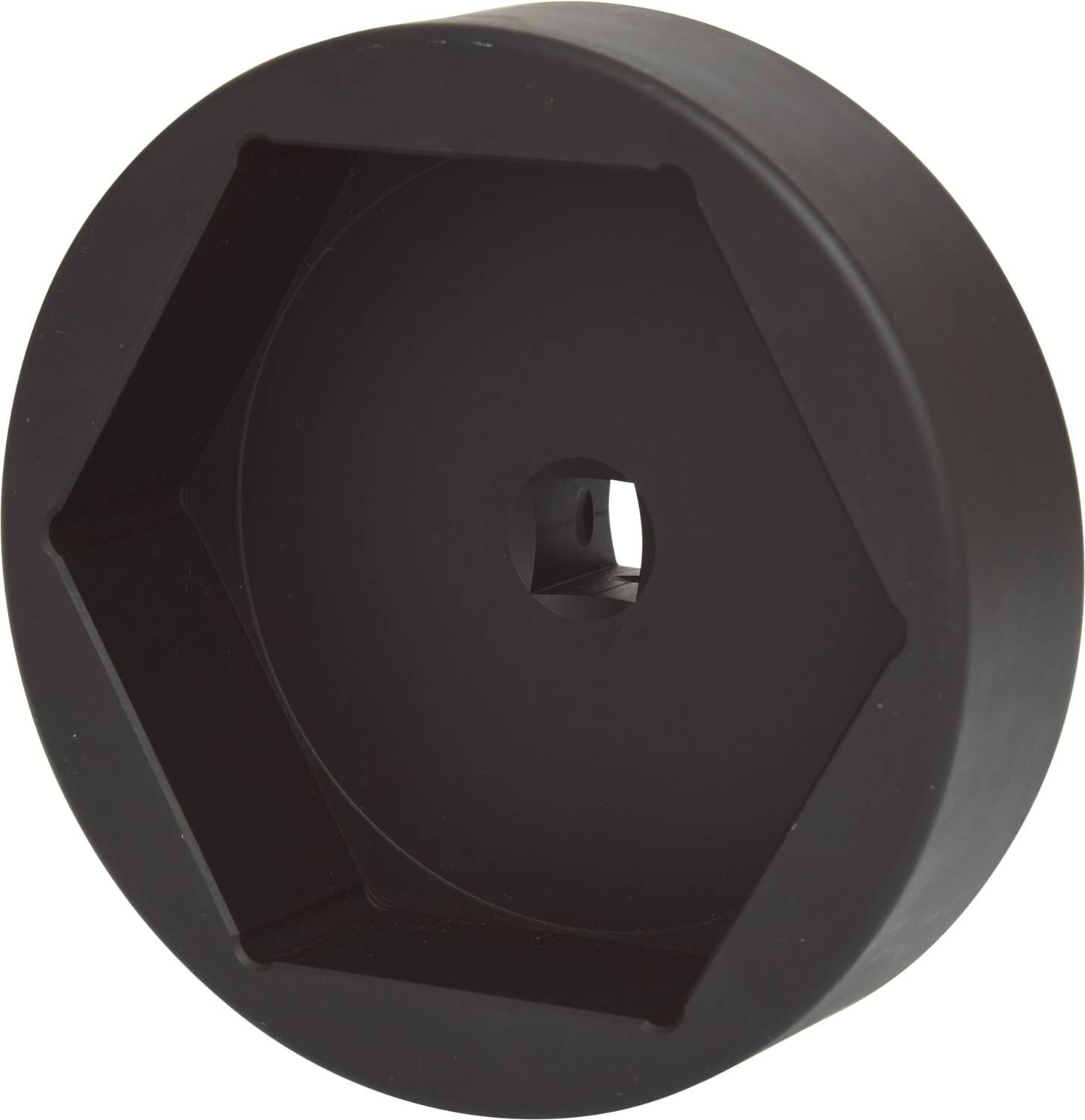 Schwarzer, sechseckiger Kunststoffadapter mit zentraler quadratischer Öffnung, verwendet für die Verbindung oder Befestigung von Komponenten.