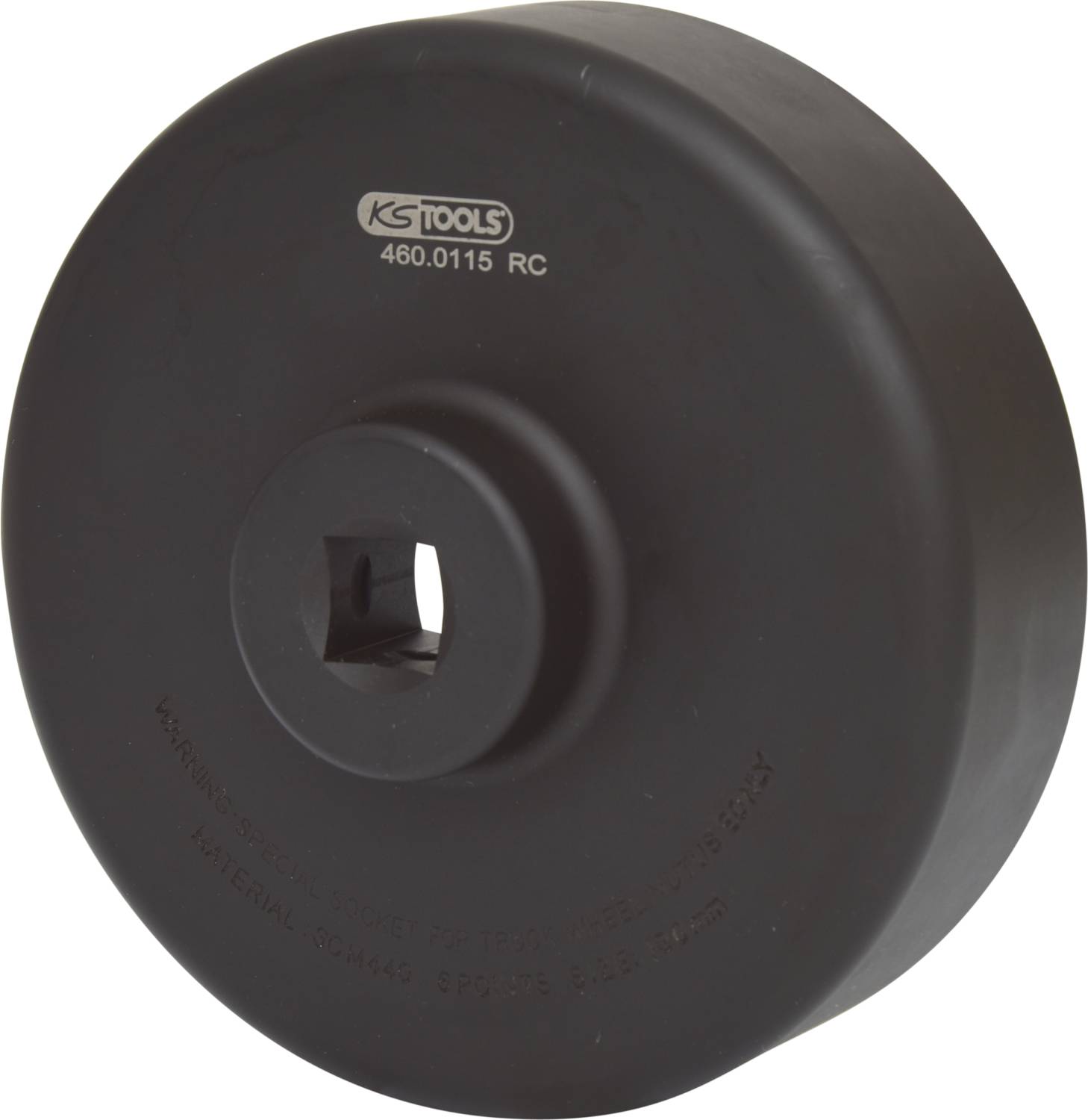 Ein schwarzer Abzieher von KS Tools mit quadratischer Öffnung in der Mitte. Die Nummer 460.0115 ist oben aufgedruckt.