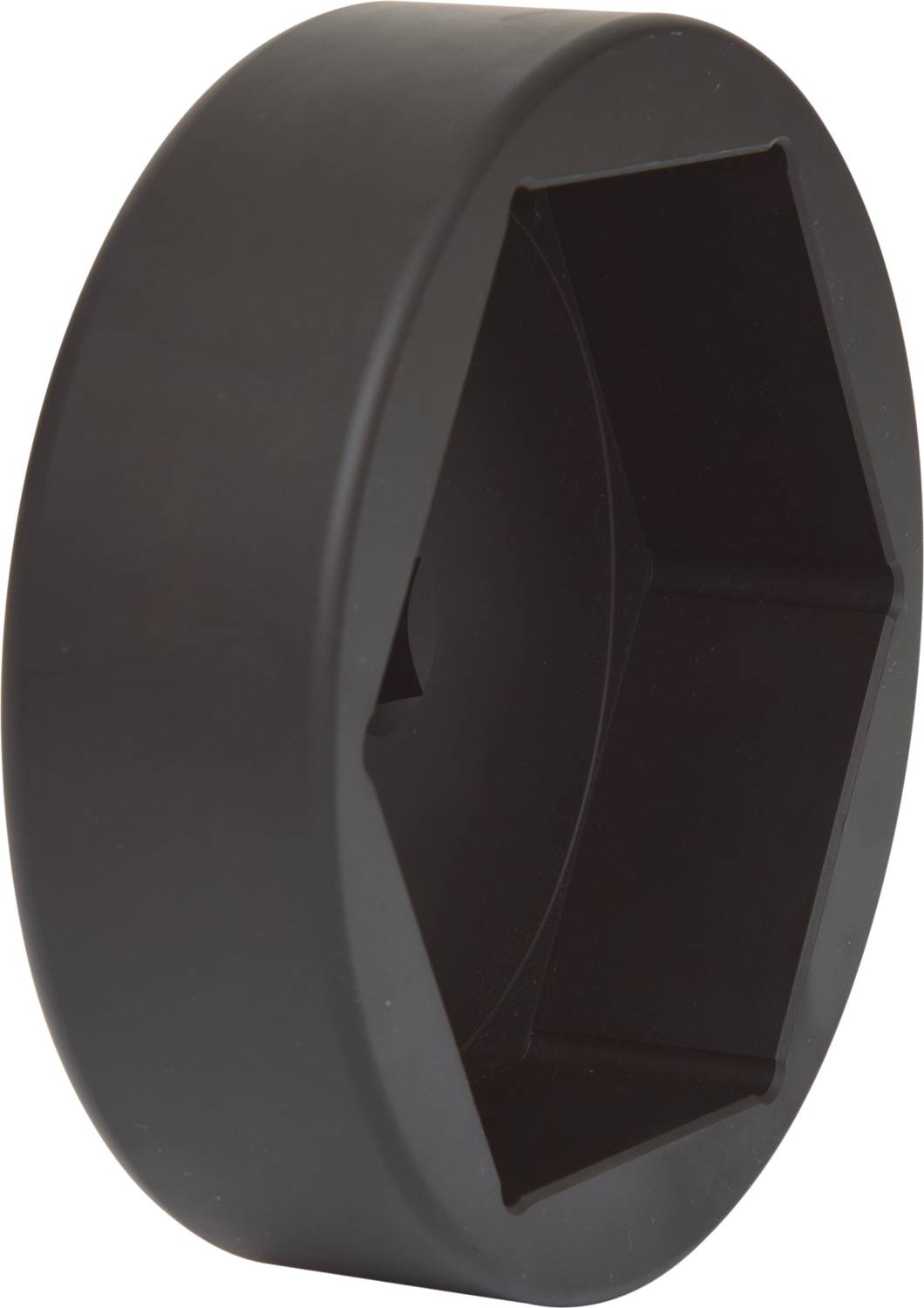 Schwarze sechseckige Kunststoffkappe, möglicherweise für Schutz oder Abdeckung eines Sechskantbolzens oder Mutters.