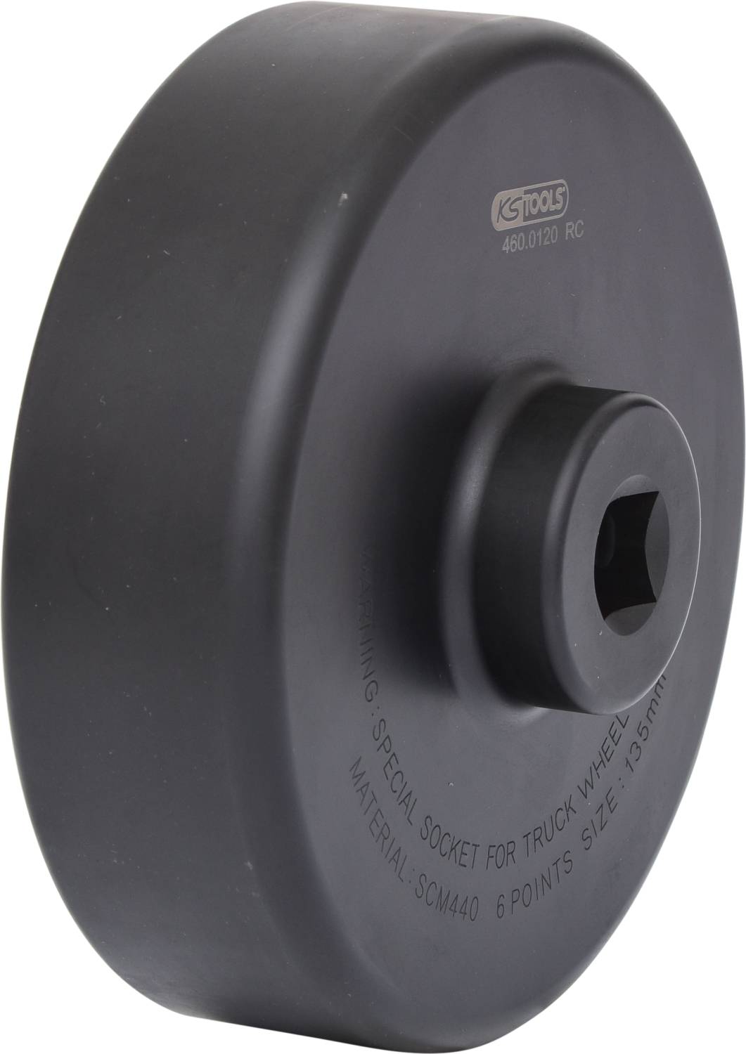 Schwarzer Steckschlüssel für Lkw-Radmuttern mit sechskantiger Öffnung. Werkzeug aus stabilem Material, geeignet für schwere Anwendungen.