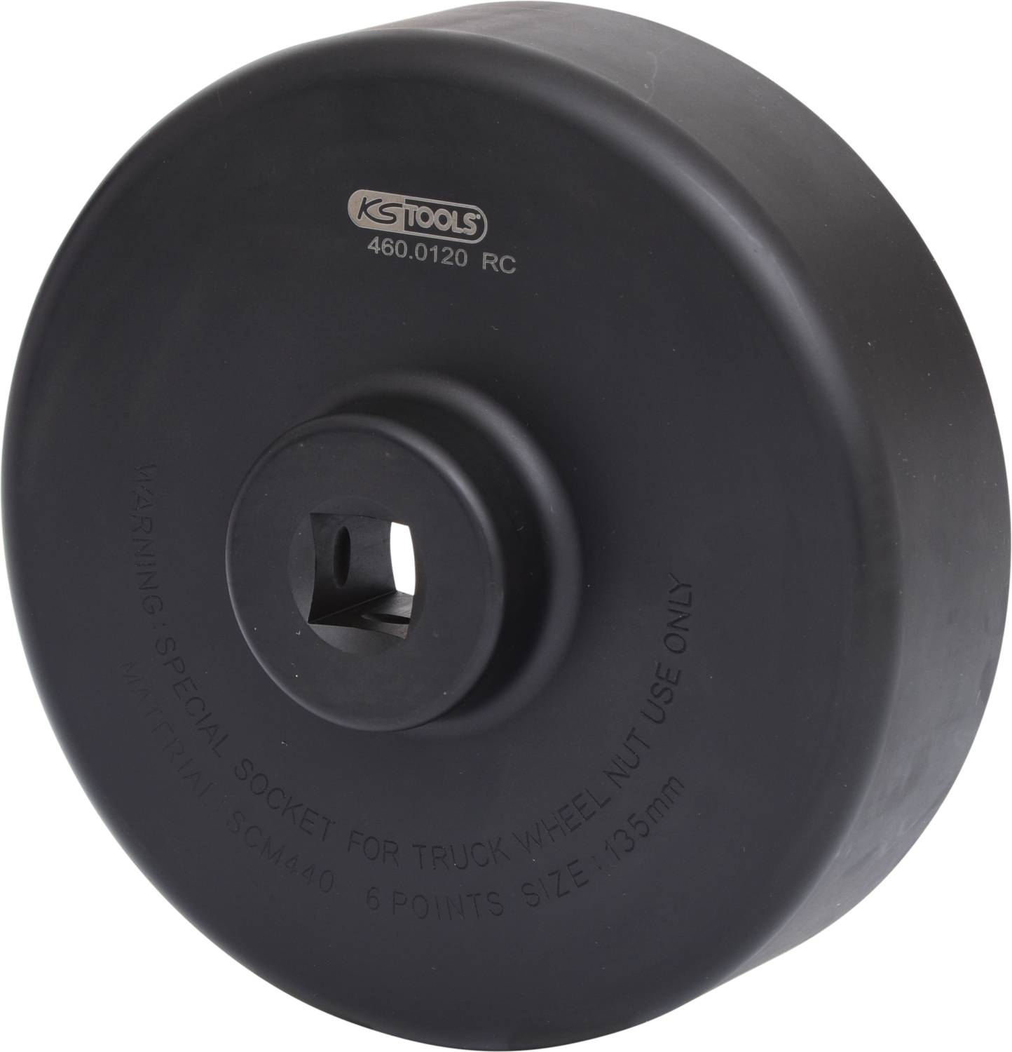 Große, runde, schwarze Stecknuss für Lkw-Radmuttern, beschriftet mit 'KS Tools 460.0120 RC', geeignet für 6-Punkt-Größe 105 mm.