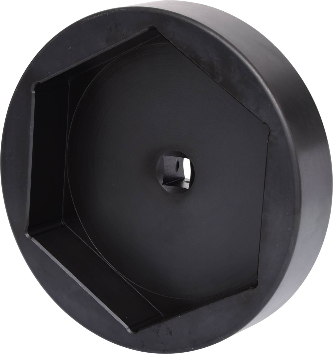 Ein schwarzes, sechseckiges Plastikteil mit einer zentralen quadratischen Öffnung, vermutlich ein Werkzeug- oder Maschinenteil.