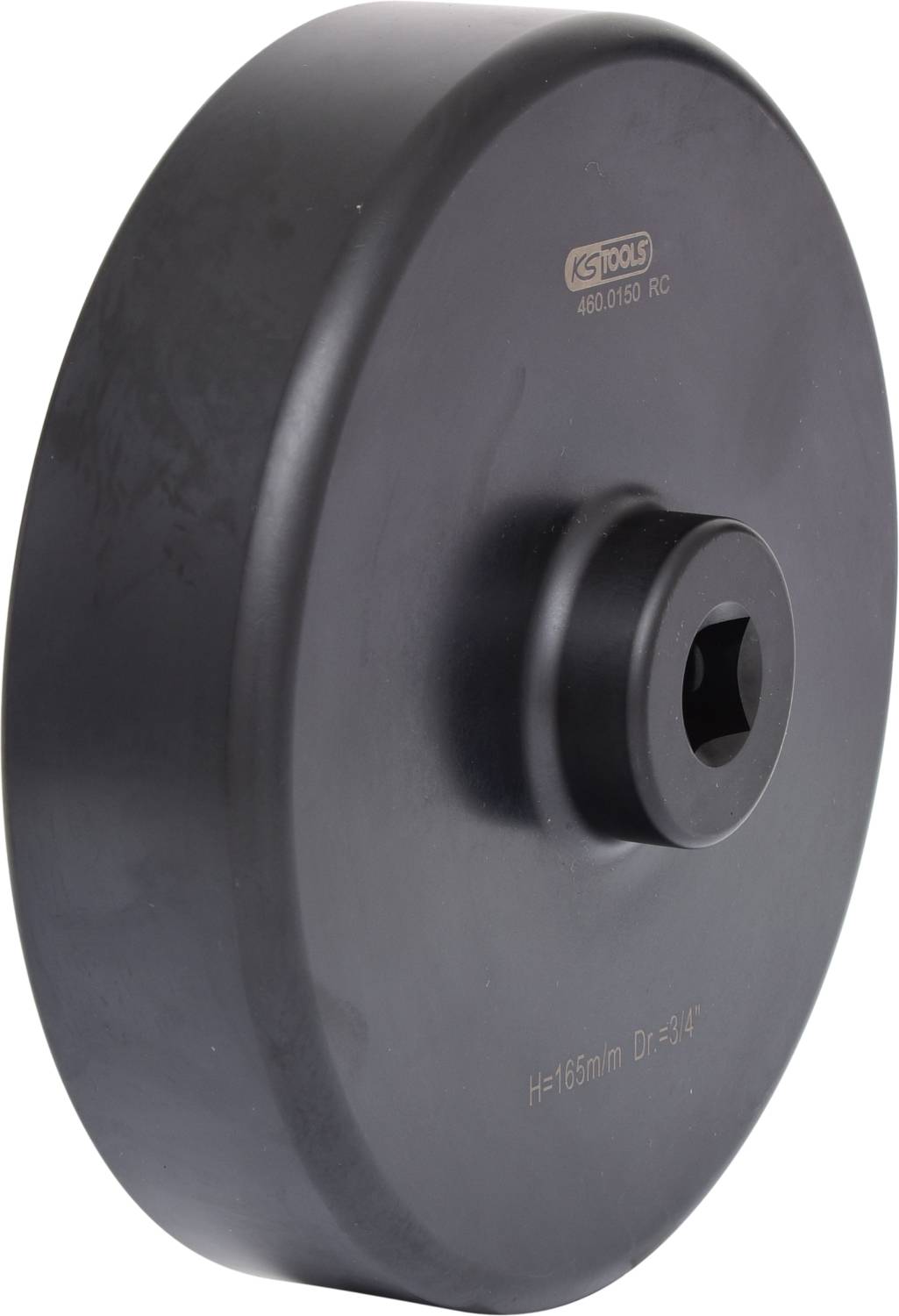 Schwarzes rundes Werkstück, vermutlich Werkzeugteil, mit zentraler Öffnung und geprägtem Text 'H=165mm Dr=3/4''.