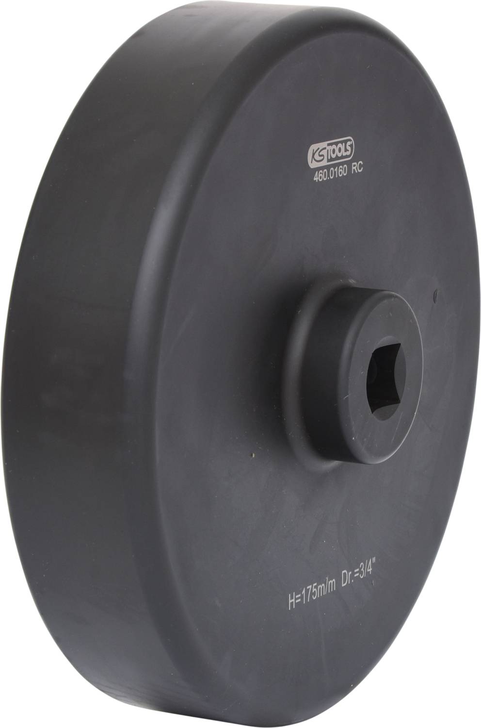 Schwarzer, runder Metallaufsatz mit Aussparung. Beschriftet mit 'KS Tools 460.0160 RC H=175mm Dr=3/4'. Verwendungszweck unbekannt.