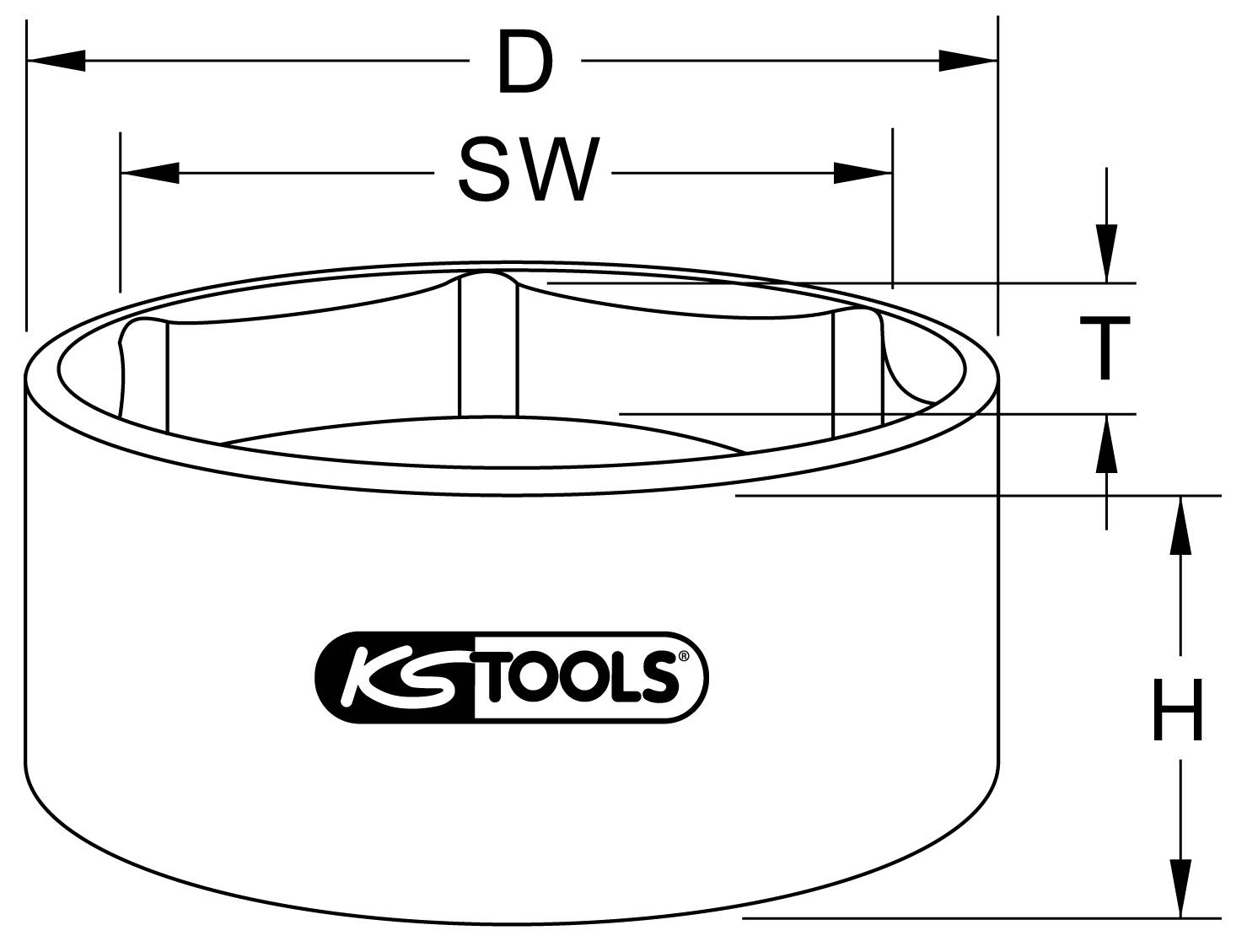 'KG Tools' Steckschlüssel mit Maßen: D (Durchmesser), SW (Schlüsselweite), T (Tiefe), H (Höhe). Technische Zeichnung zur Größenveranschaulichung.