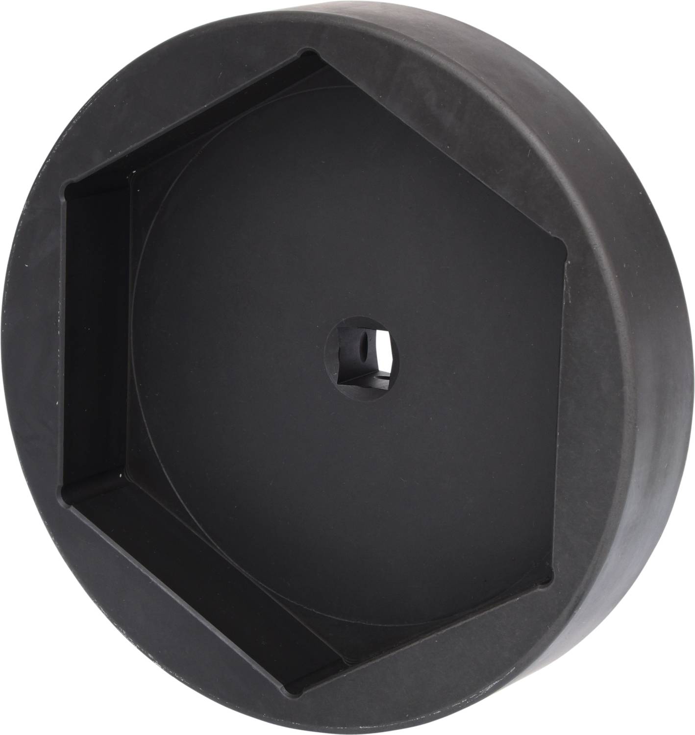 Schwarzer sechseckiger Kunststoffadapter, der für die Verbindung oder Anpassung von Werkzeugen oder Geräten verwendet wird.