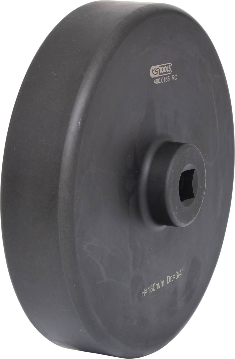 Schwarzer Rundkörper mit zentraler Öffnung, beschriftet mit Text 'H=180mm Dr=3/4''.