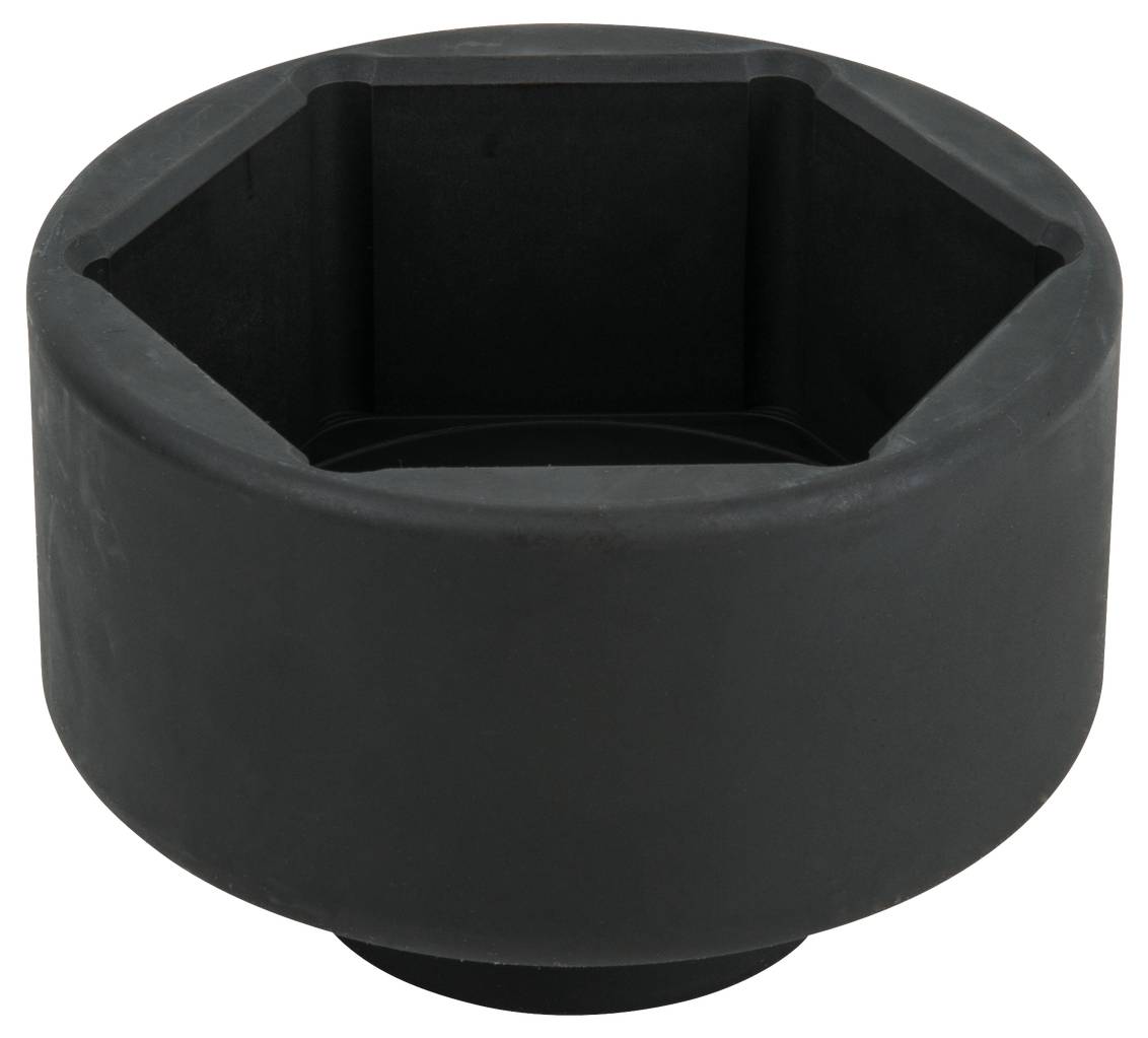 Ein großer, dunkelgrauer Steckschlüssel mit sechseckiger Öffnung zur Aufnahme von Muttern oder Schrauben.