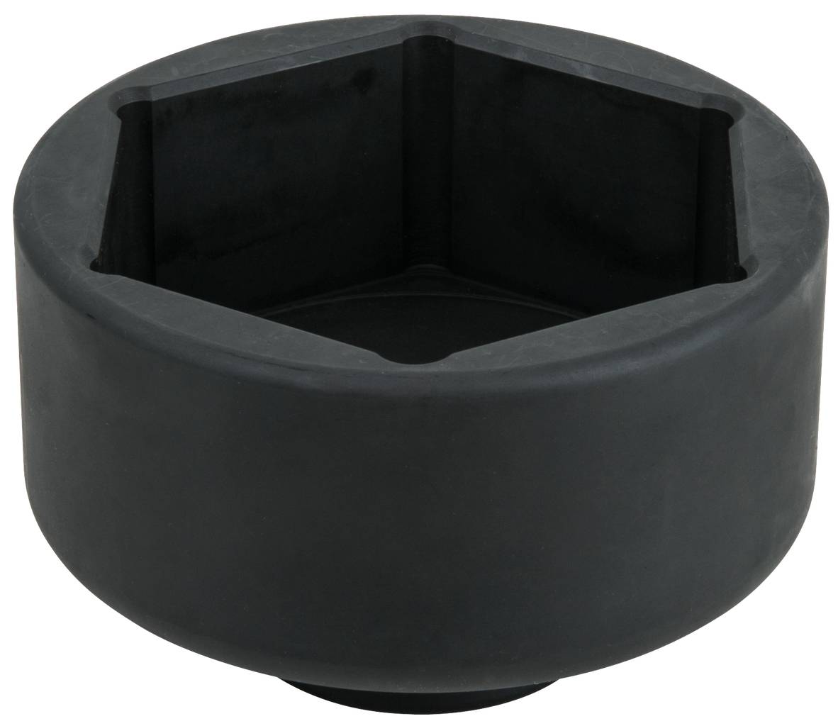 Großer schwarzer Steckschlüsseleinsatz mit sechseckiger Öffnung, möglicherweise für große Muttern oder Schrauben geeignet.