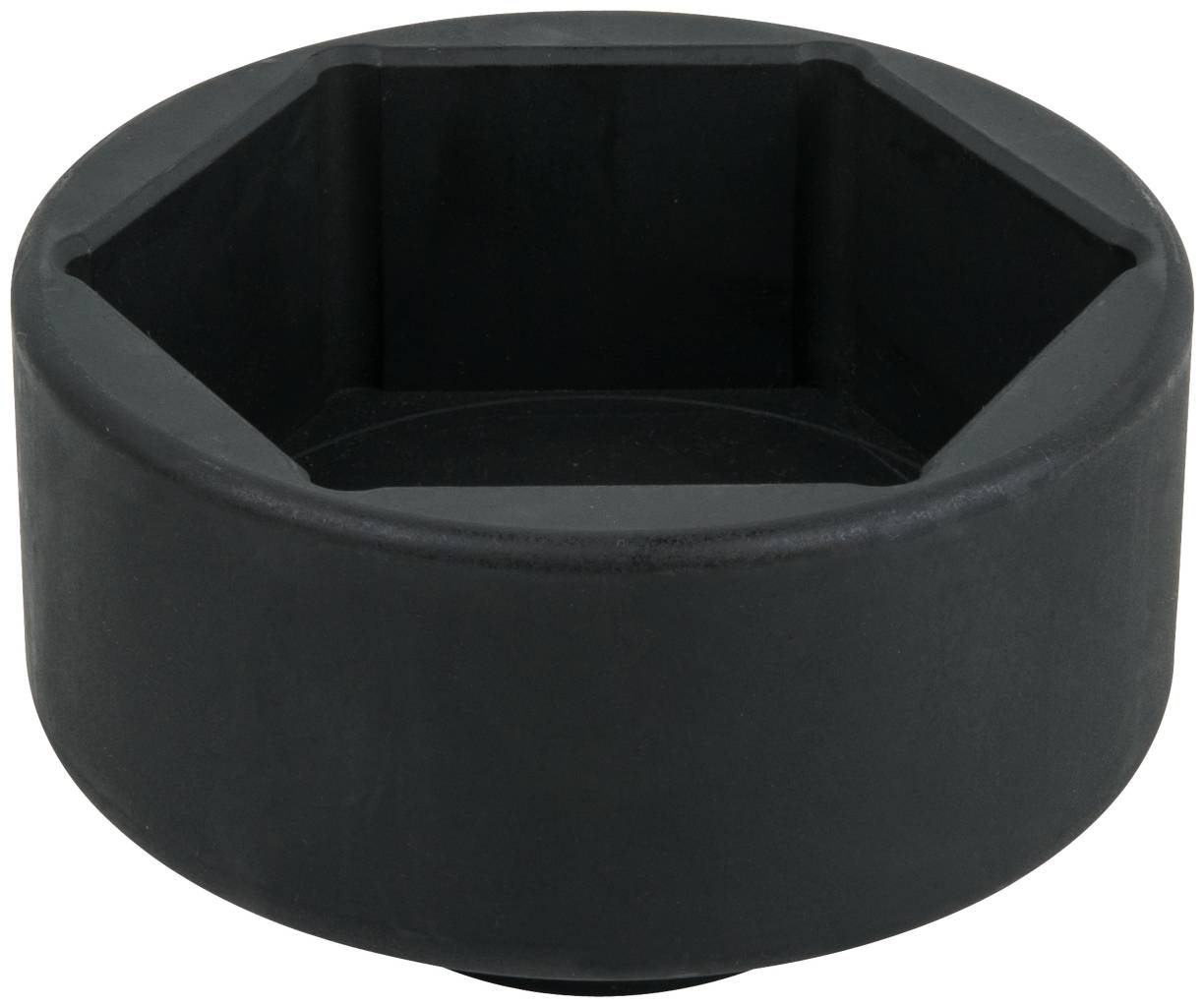 Ein schwarzer, sechseckiger Steckschlüsselaufsatz in Nahaufnahme, hauptsächlich für mechanische Arbeiten und Reparaturen verwendet.