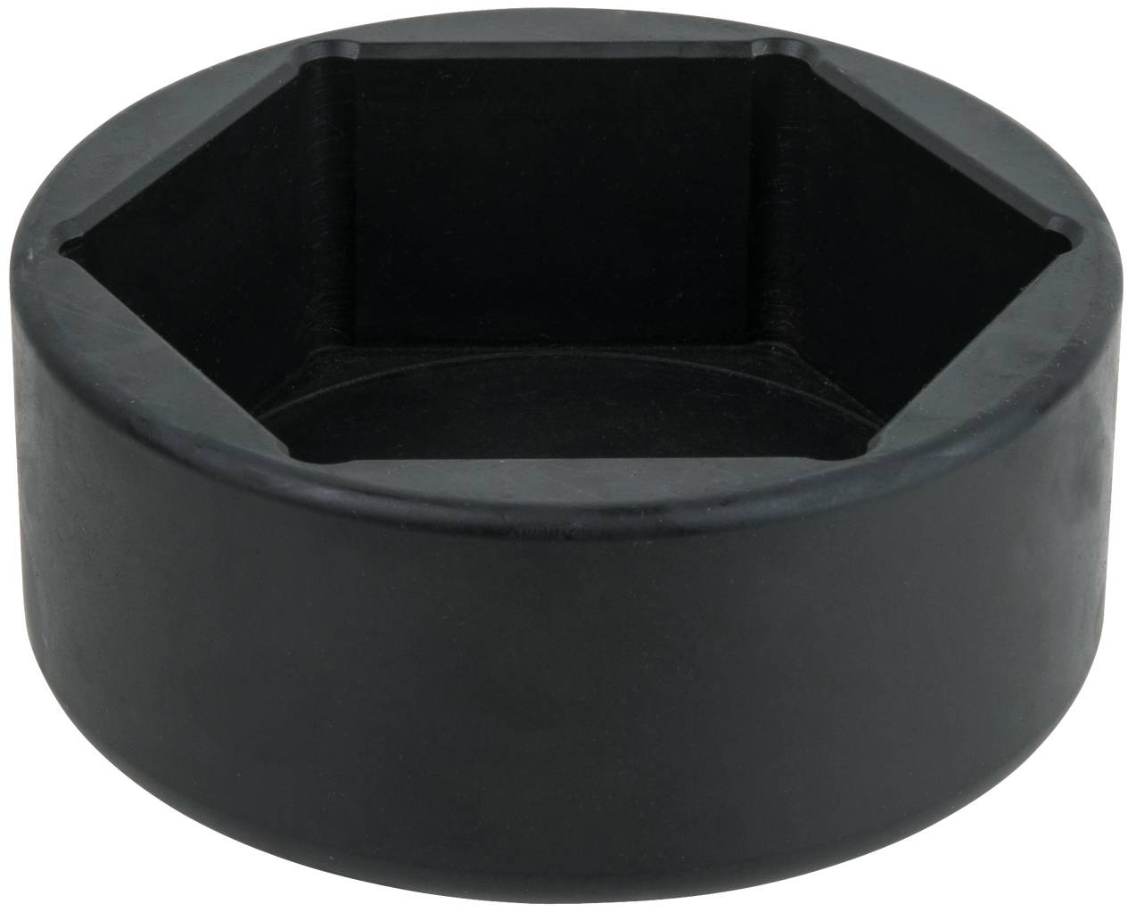 Ein schwarzes, sechseckiges Werkzeugteil, ähnelt einer großen Schraubenschlüsselbuchse. Geeignet für große Muttern oder Bolzen.